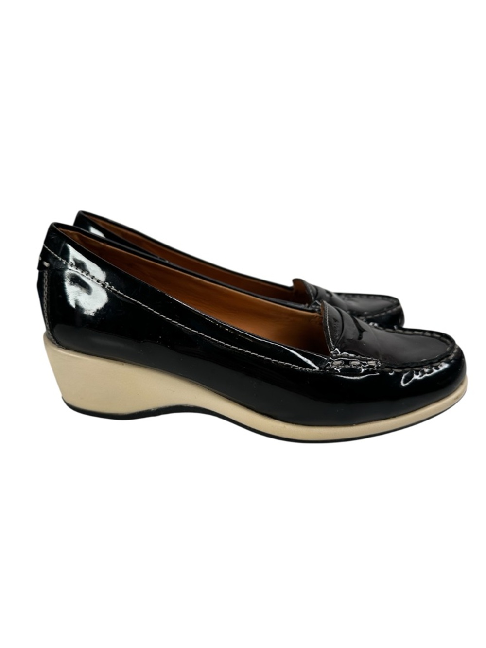 Geox Black Patent Leather Wedge Loafers Comfort Slip On Euro 36 Penny Shoes